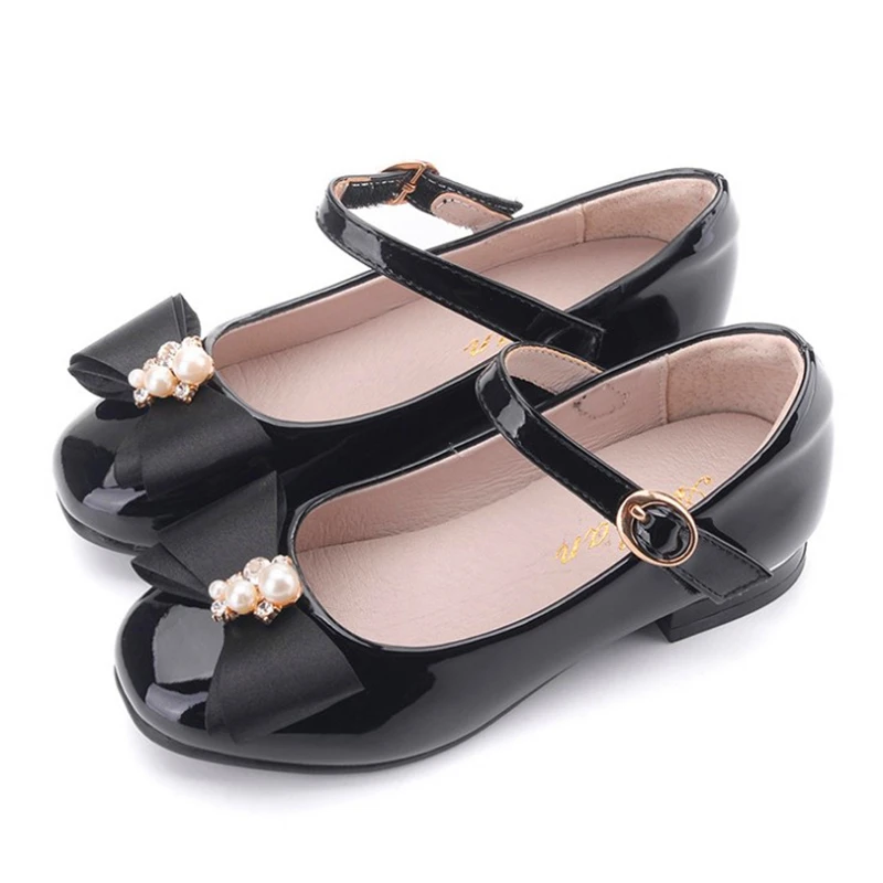 Дизайнерские модные однотонные туфли с жемчужинами и бантом детские кожаные