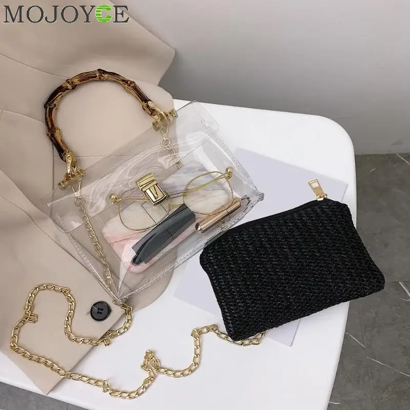 2019 Маленькая прозрачная Женская сумочка Соломенная Сумка на цепочке дорожная