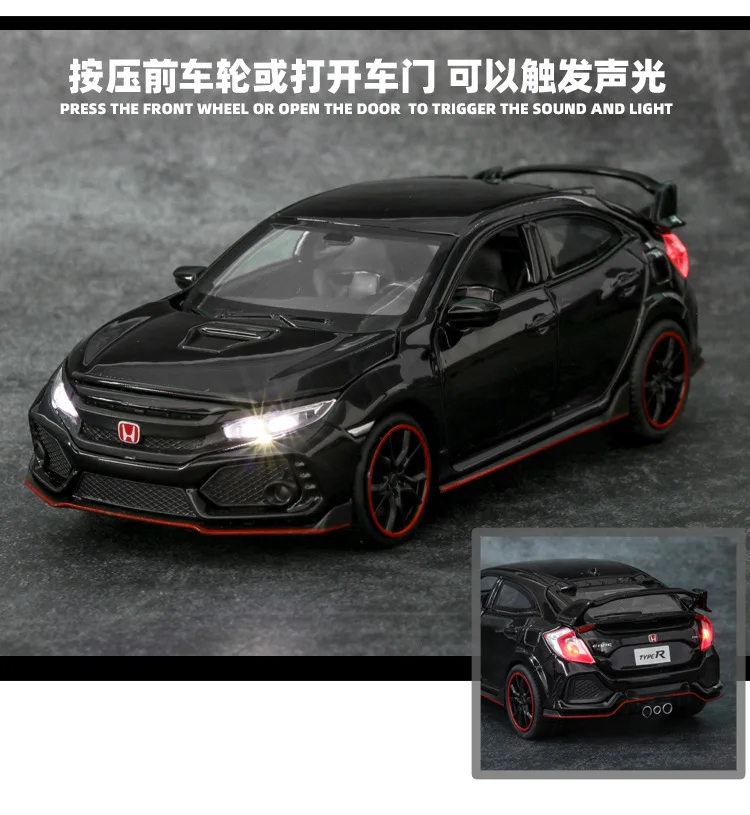 1:32 HONDA CIVIC TYPE-R игрушечный автомобиль металлическая игрушка Diecasts& Toy транспортные средства модель автомобиля звук свет Высокая Игрушечная машина игрушки для детей