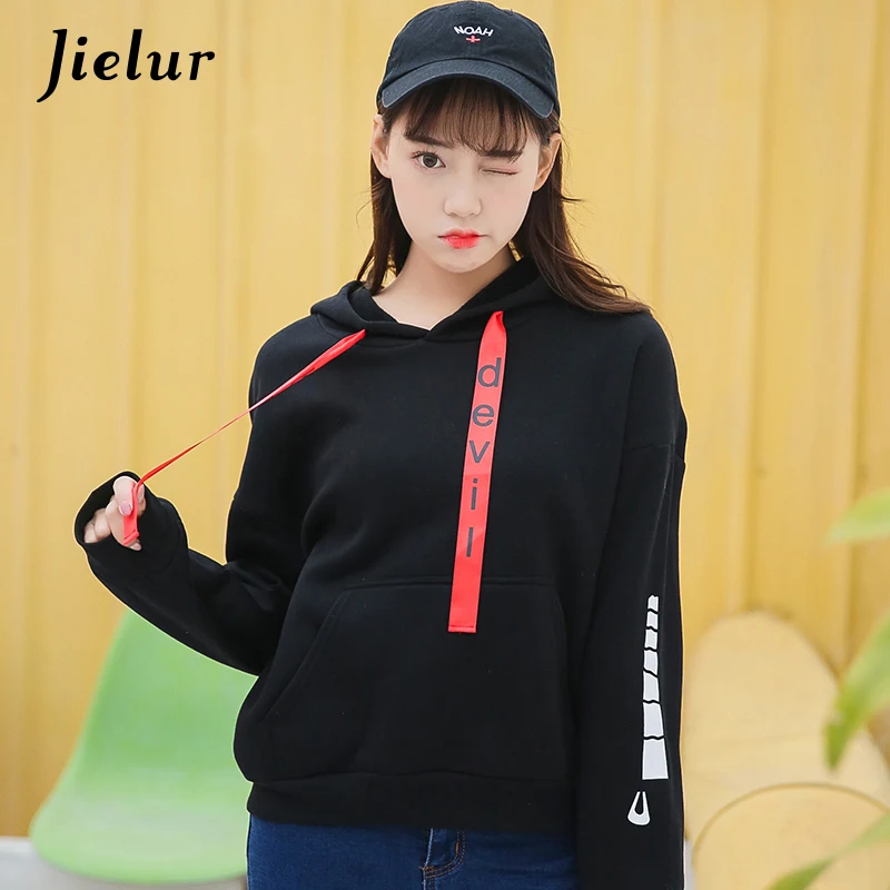 Jielur Весна Новый KPOP свободные Флисовые толстовки для Для женщин Письмо лента с