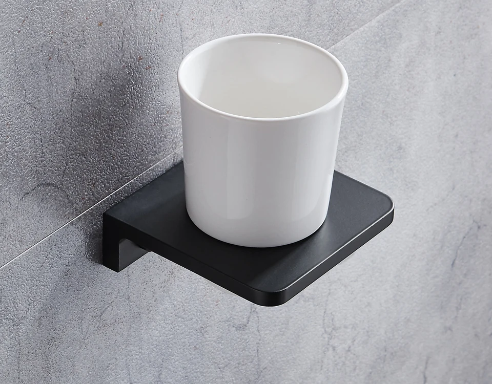 MTTUZK Matt Black Toothbrush Holder Wall Mounted Toothbrush Cup Holder Solid space aluminum Shelves With Single Ceramics Cup Set