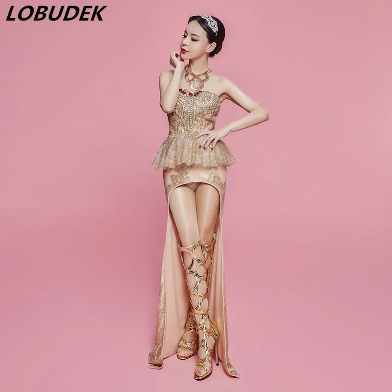 

Сексуальное платье без бретелек рыбий хвост платье золотыми блестками Кристаллов Длинное платье танцовщица этап певица наряд День рождения подиум костюм