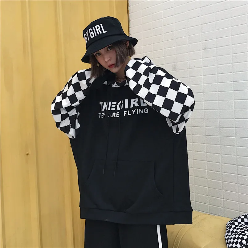 Осенняя Новинка Harajuku winte Корея ulzzang уличная мода свободные клетчатые сшитые буквы печатные повседневные топы с капюшоном шикарная Толстовка