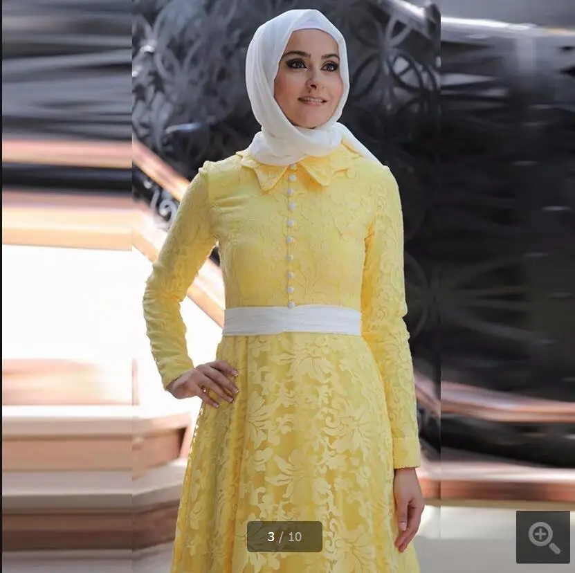 2017 желтое кружевное мусульманское вечернее платье с длинным рукавом хиджаб