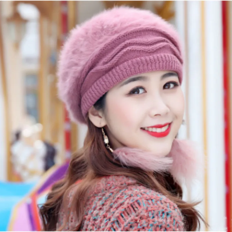 Двухслойная шерстяная теплая шапка Skullies & Beanies мягкая женская вязаная с кроличьим