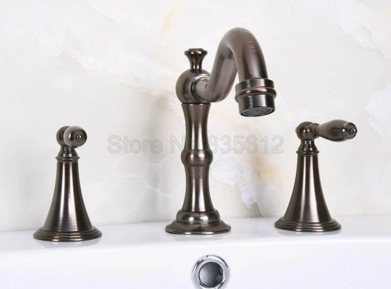 

Brown Oil Rubbed Bronze Widespread 3 Hole Deck Mounted Bathroom Faucet Dual Handle Basin / Tub TapsWnf441