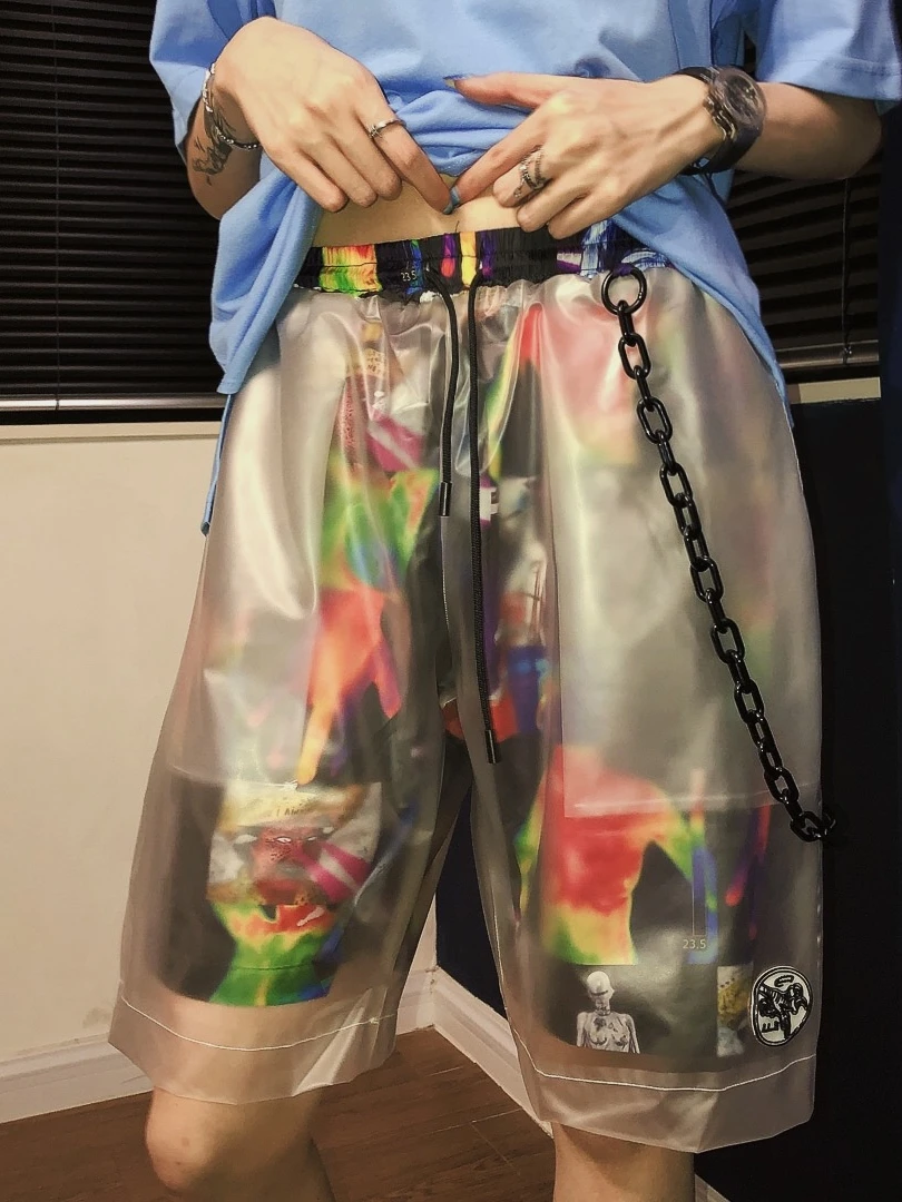 Summer Street Bizarre Stitching Transparent PVC Fake Two PANT, Hip-hop Handsome Broad-legged Five-minute Pants BF Tide