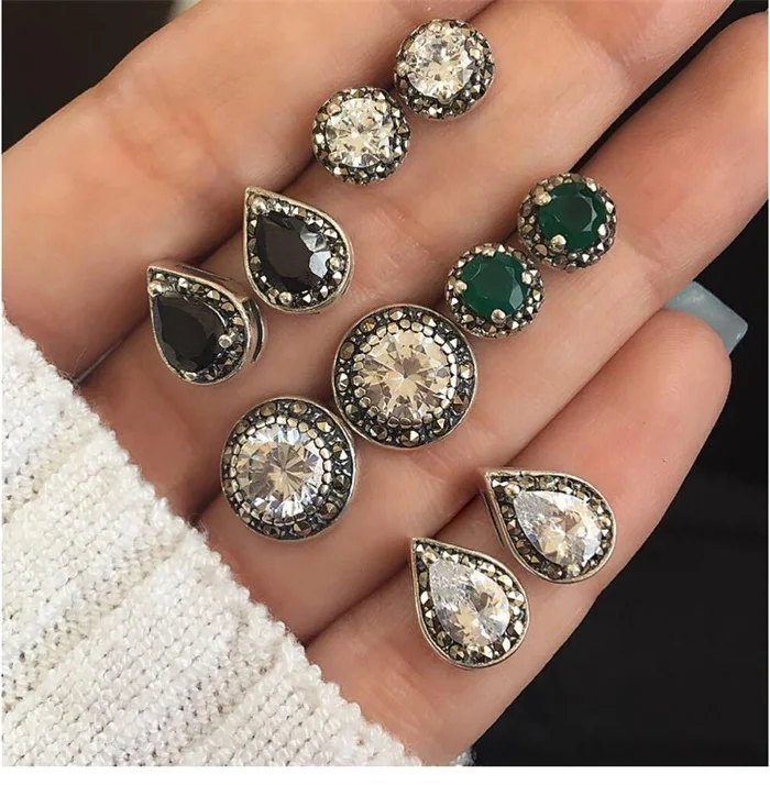 Silver 4 пар/компл. Boho стрелка крест Луны и украшением в виде цветка из серебра серьги комплект ювелирных изделий для женщин серьги-гвоздики комплект личности одежда на выход ювелирные изделия - Окраска металла: Silver