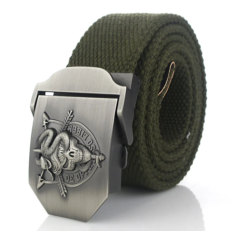 Golden green BOKADIAO мужской и женский военный брезентовый ремень роскошный Кобра череп металлический пояс с пряжкой для джинсов армейские тактические ремни для мужчин ремень - Цвет: Golden green
