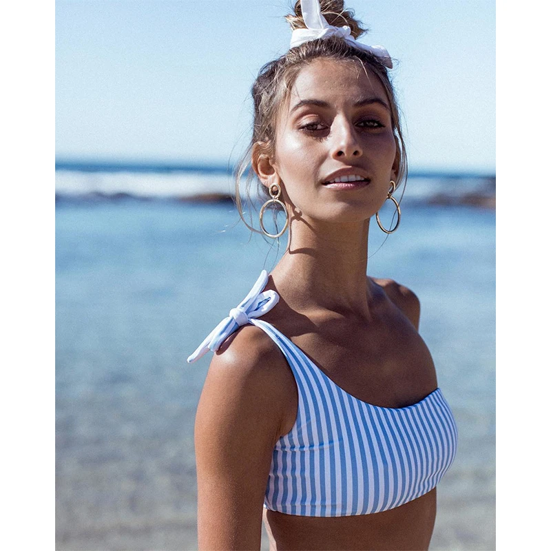 Girl One Shoulder Swimwear Pushed Up Women Striped Bikini Set Bathing Suits Two Pieces Bandaged Monokini Beach Wear | Спорт и