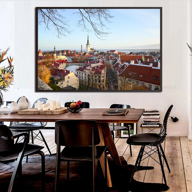 Вид маленького старого Европейского загородного города HD печать фото плакат