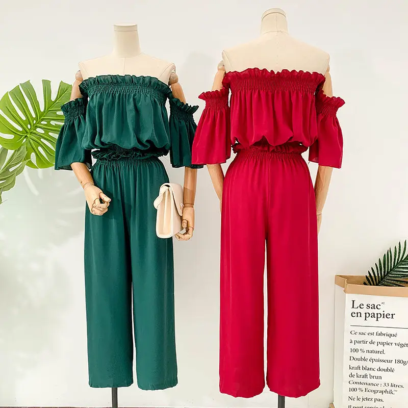 Комплект из 2 предметов LUOSHA Летняя туника с открытыми плечами топ на талии и брюки