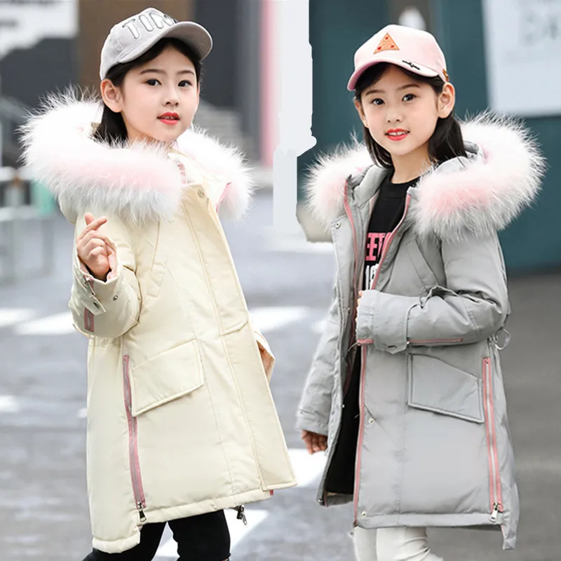 Куртки на утином пуху 85% для холодной зимы девочек повседневный пуховик с