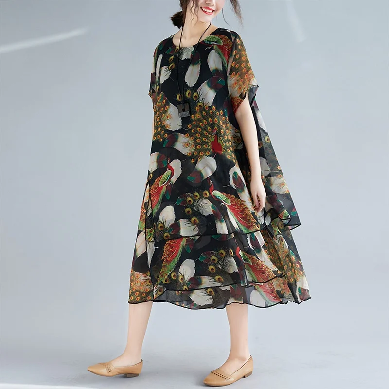 Женское винтажное платье средней длины с павлином корейское асимметричное