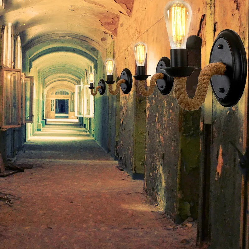 Скандинавские Промышленные Ретро чердак LED пеньковая веревка настенная лампа