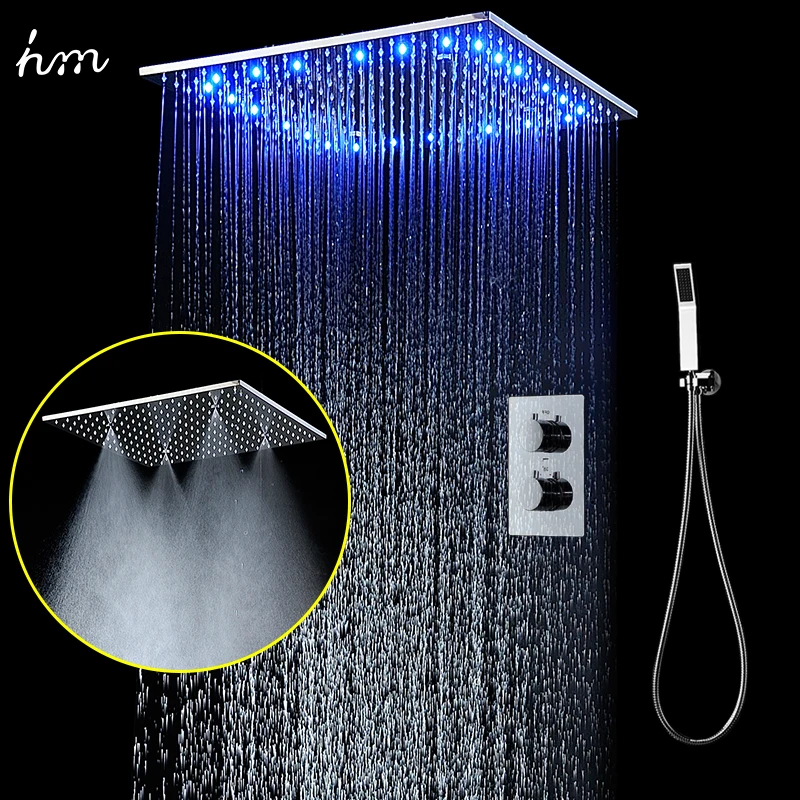 Conceal 3 Function Thermostat Bath Mixer Faucet Set Chrome Recessed Ceiling 20&quot Big LED Rainfall Head with Brass Hand Shower |