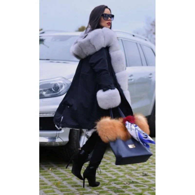 Tatyana Furclub Real Fur Coat Winter Women Jacket With Natural Fox Fur Collar High Street Outwear Casual Black Parkas Thick Warm
