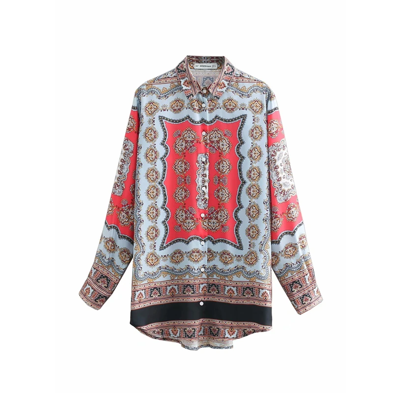 2019 Весна Осень Новый винтажный комплект Женская модная рубашка с принтом Блузка
