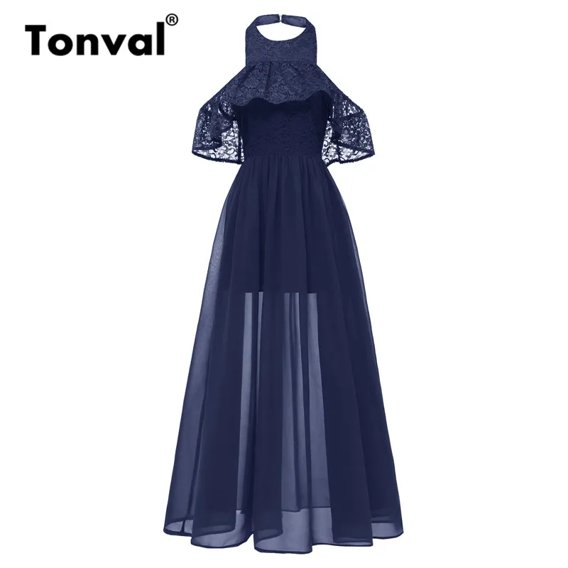 Tonval, винтажное шифоновое платье макси, кружевное, с рюшами, на бретелях, элегантное, с открытой спиной, платье для женщин, вечерние, с открытыми плечами, длинное платье