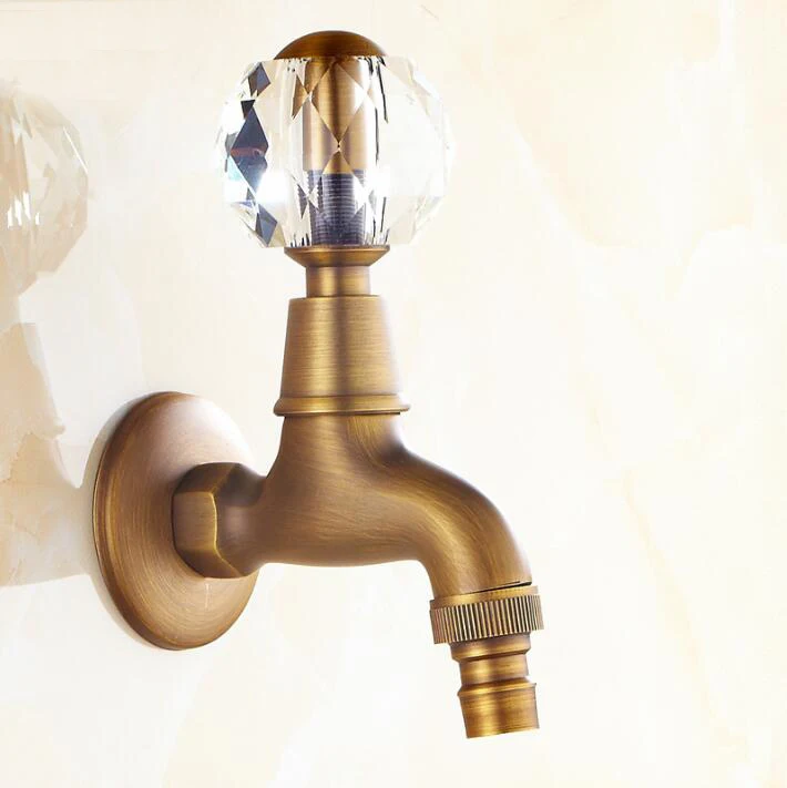 

Antique Brass Crystal Handle Extended Mop Pool Taps Wall Mount Single Lever Cold Water Sink Faucet