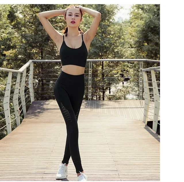 Black 2Pcs Set 2 шт женский бесшовный Набор для йоги Фитнес Спорт Пуш-Ап бюстгалтер на бретельках+ с высокой талией для йоги брюки леггинсы плотные спортивные костюмы для бега - Цвет: Black 2Pcs Set