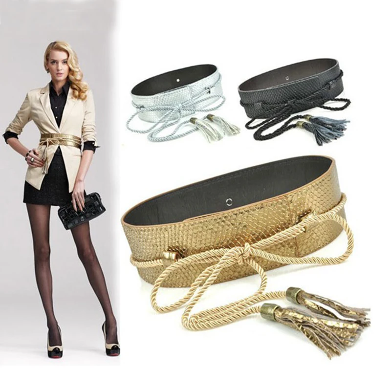 Woman Brand Snake Rope Tie Faux Leather Belts for Women 6cm No Button Corset Celebrity Cummerbund Tassel Belt 5 color bg-077