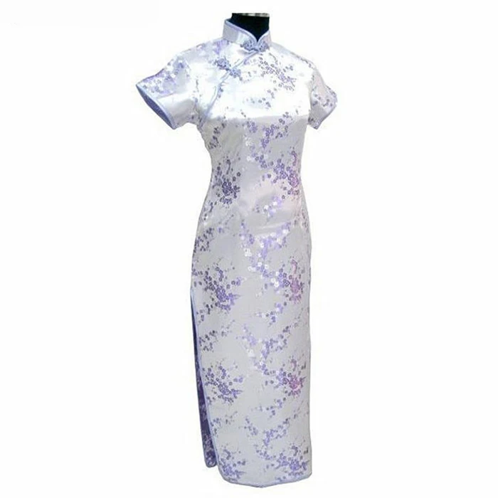 Черное традиционное китайское платье Mujer Vestido Женские атласные Qipao Мини Cheongsam цветочный размер S M L XL XXL XXXL 4XL 5XL 6XL J4039 - Цвет: Light Purple - Long
