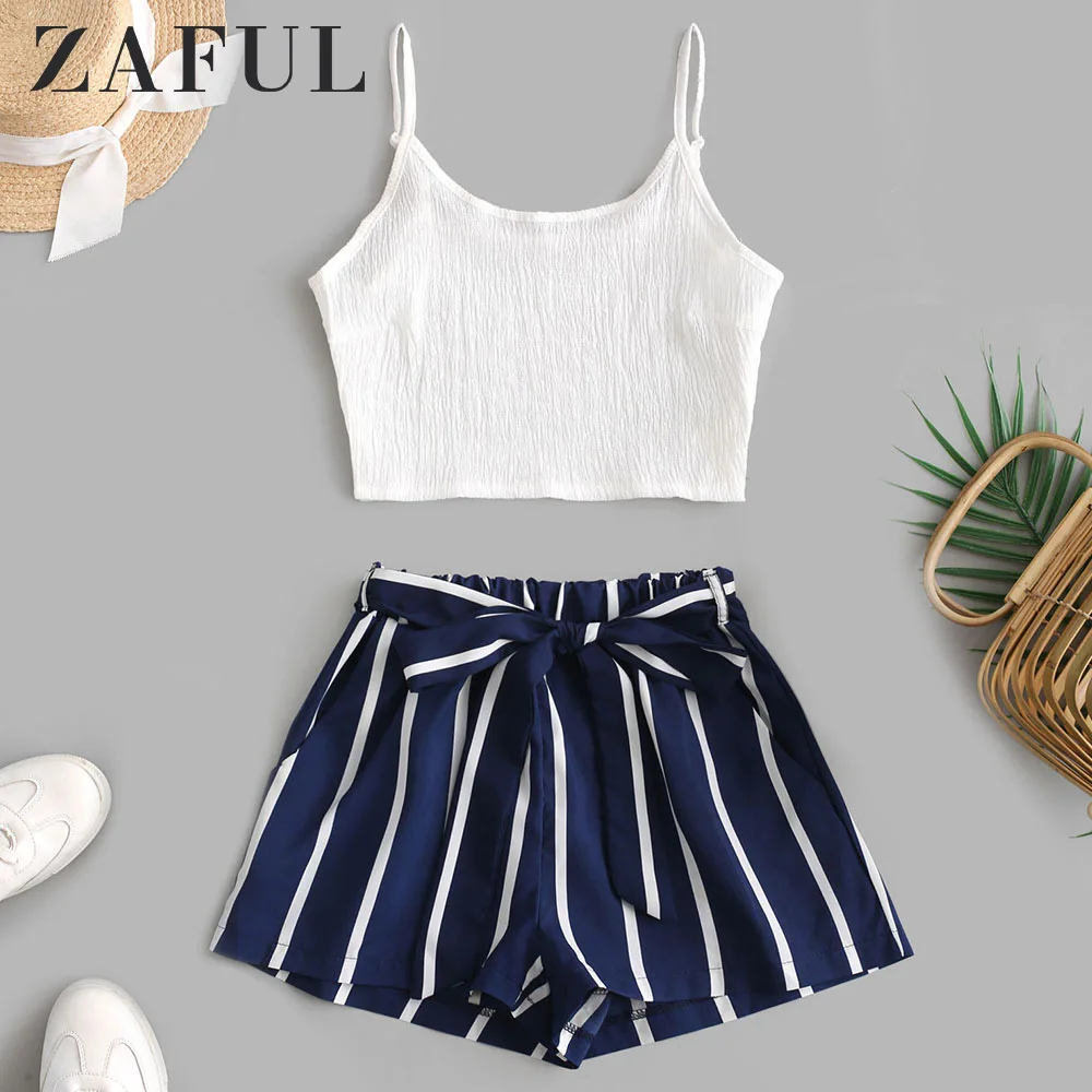 ZAFUL Простой Топ на бретельках и полосатые шорты с поясом комплект средней талии Спагетти ремни без рукавов Летние повседневные женские комплекты из двух предметов