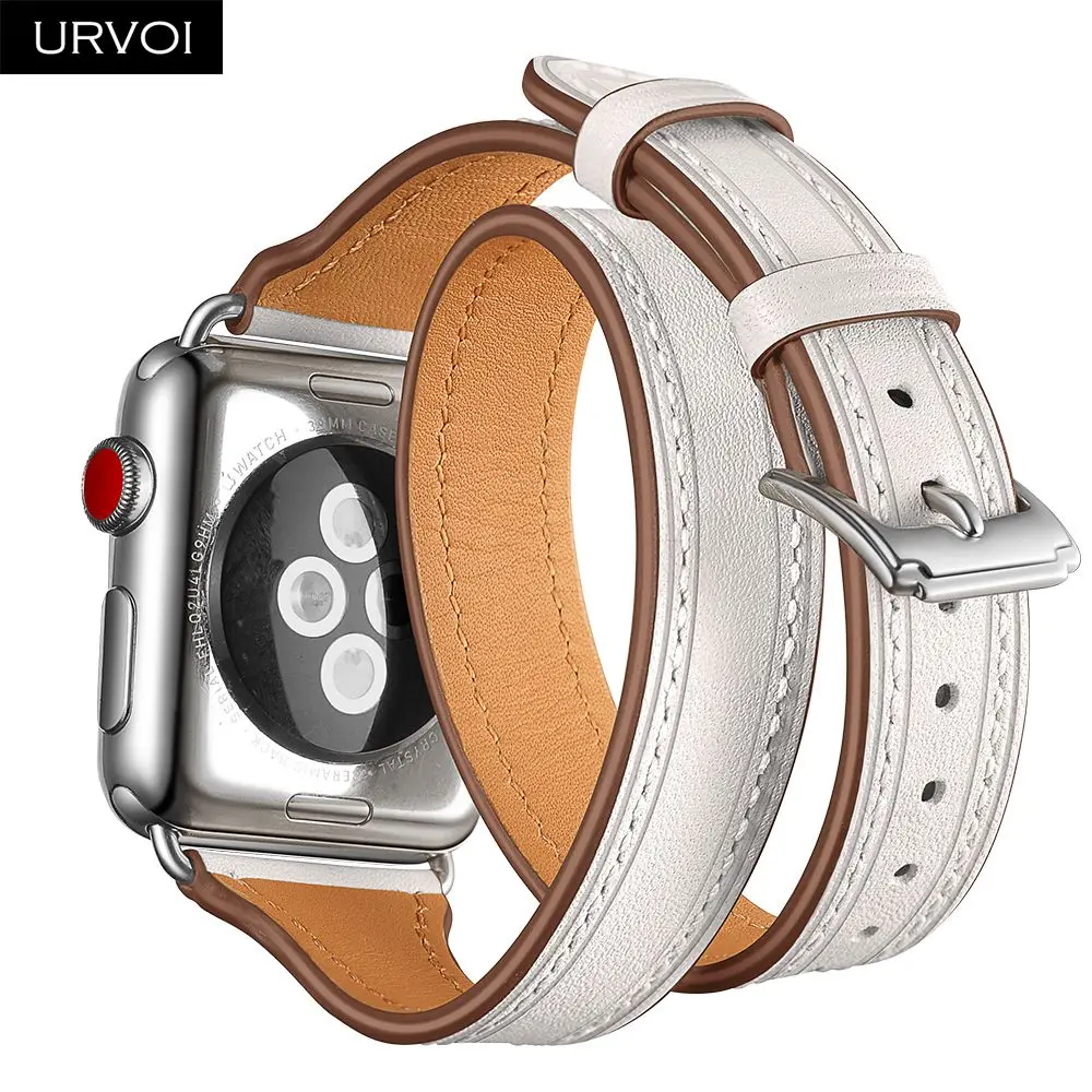 URVOI двойной тур для Apple Watch series 5 4 3 2 1 ремешок для iwatch из натуральной кожи роскошный модный дизайн 38/40 42/44 мм