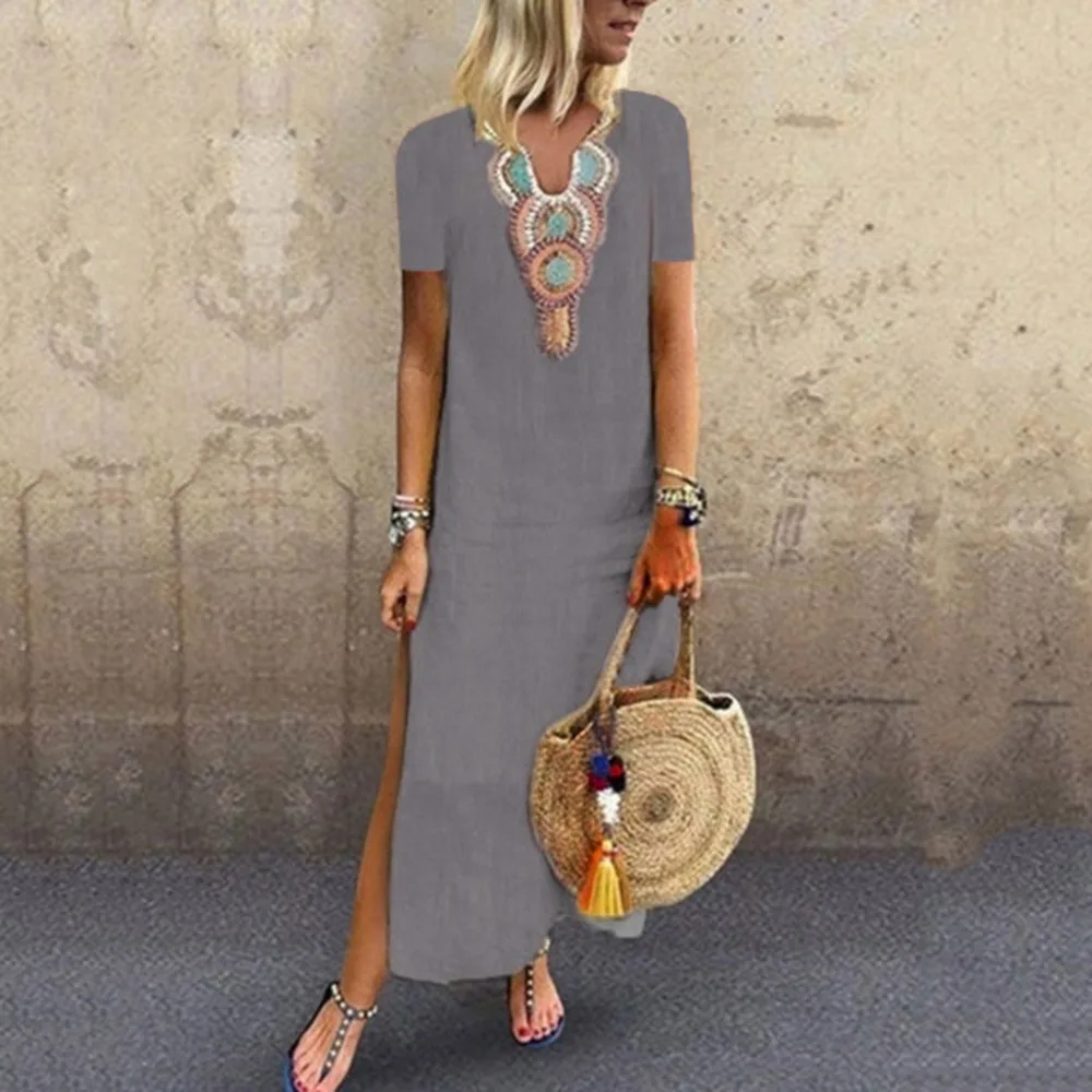 Women Dresses Sexy Women Polyester Print Deep V-neck Side Slit Summer Dress Bohemian Female Maxi Dress Vintage Vestidos 40H