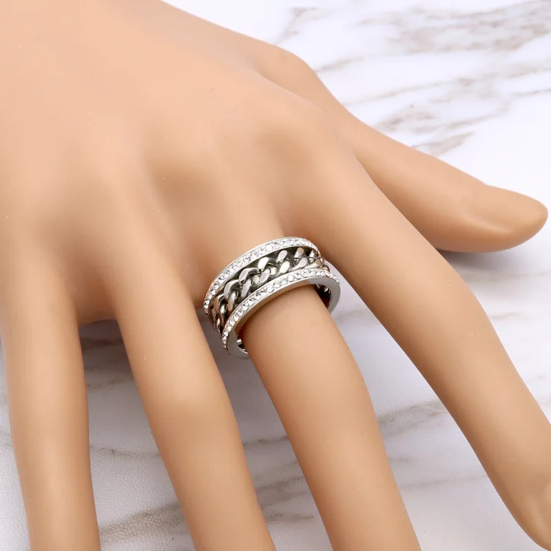 Ювелирные кольца из нержавеющей стали модное Двухрядное CZ Кольцо с цепочкой