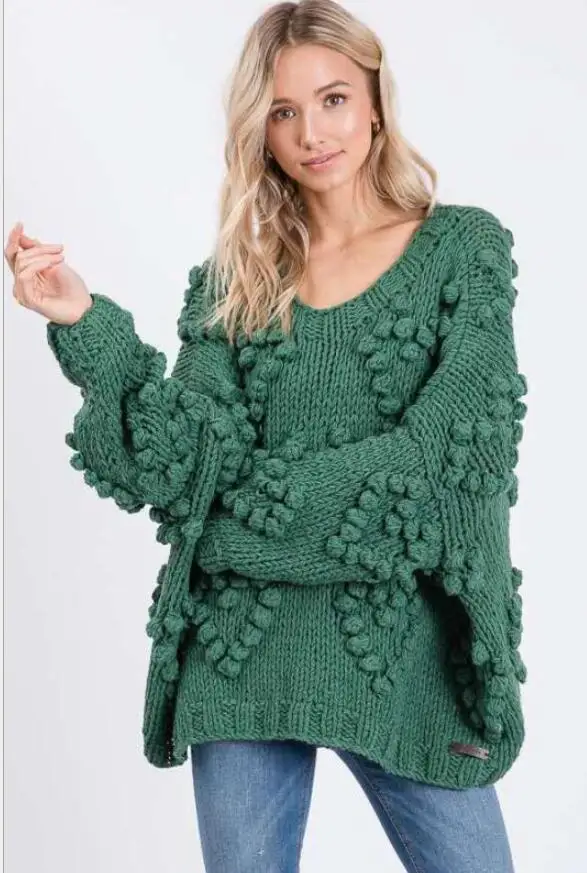 dark green Осенний и зимний модный ретро стиль чистый ручной Плетеный шар короткий абзац круглый вырез свитер женский - Цвет: dark green
