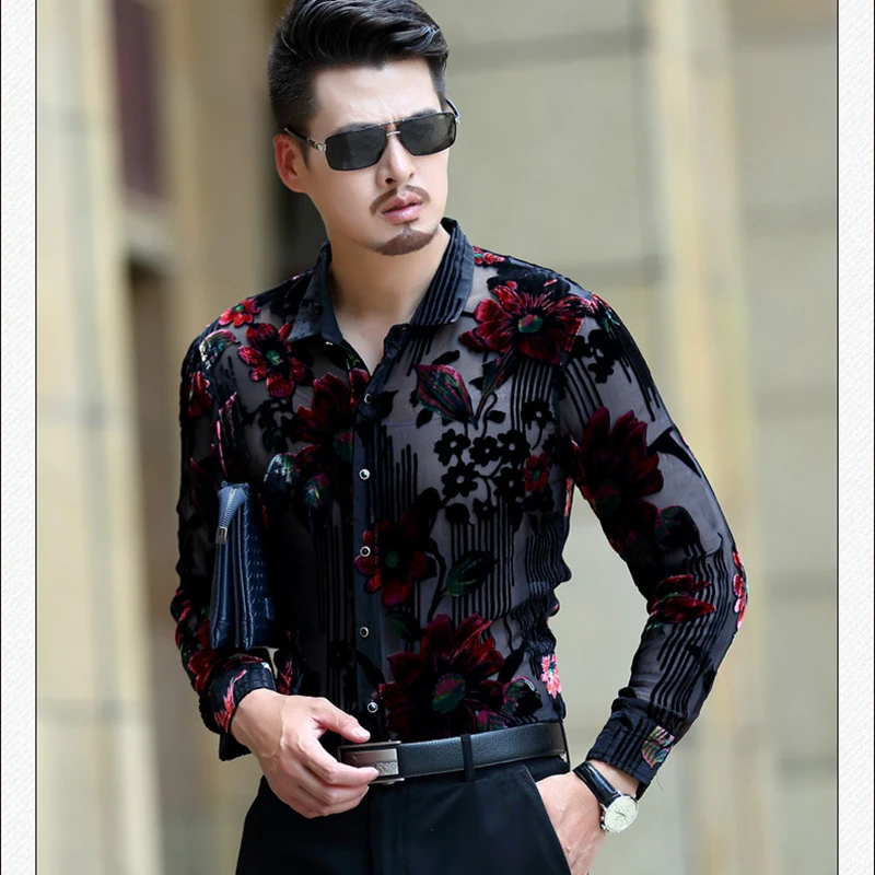 

[HANGJIA] High-end luxury hollow gold velvet Slim shirts male 2017 fashion temperament large size long sleeve floral shirt M-4XL