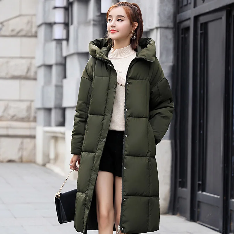 Army Green Новое поступление, зимние парки для женщин, длинная однотонная Толстая теплая куртка, пальто, 5 цветов, зимняя простая Стильная парка на синтепоне, пальто размера плюс - Цвет: Army Green