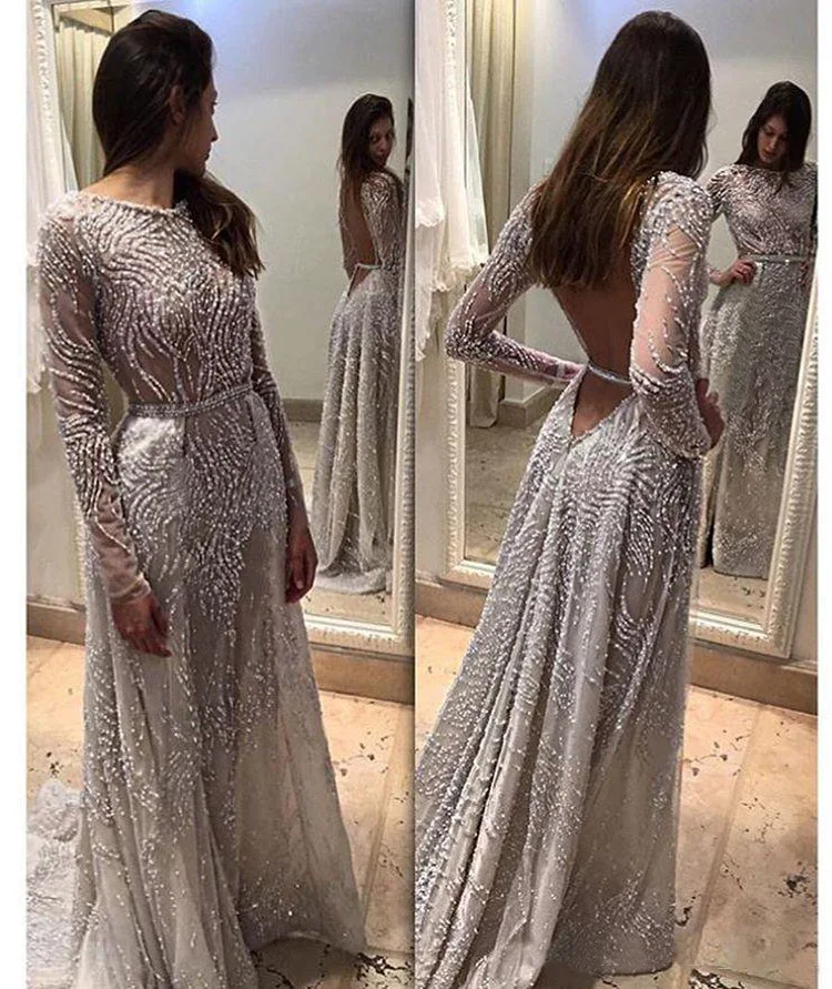 

Spring Summer Women Long Sleeve Beading Sequined Mesh Backless Gray Long Dress Party Floor Length Dressess Vestidos 2019 New