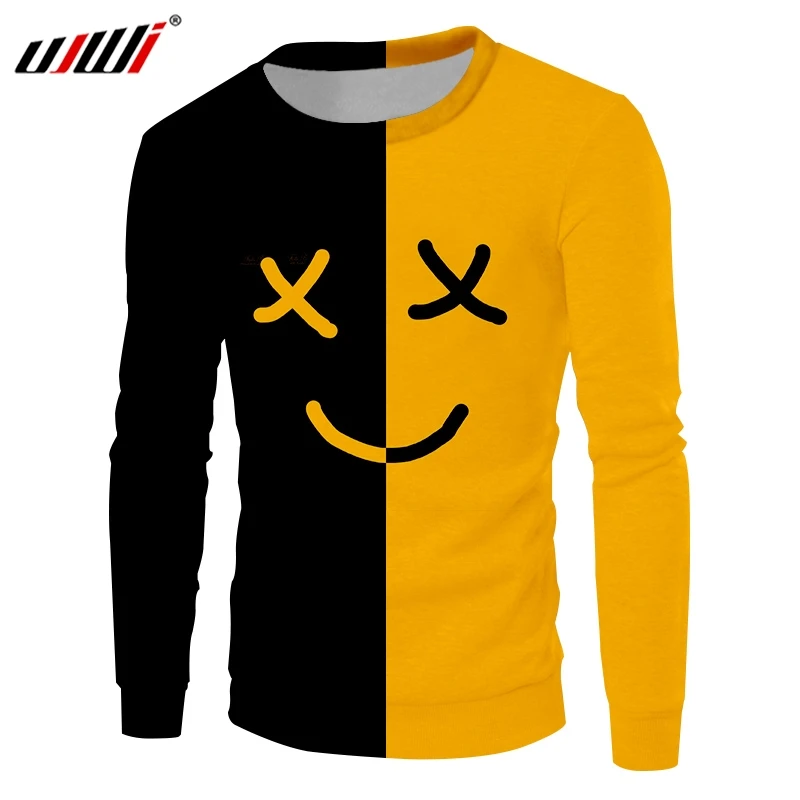 

UJWI Man Smiley Face Casual Pullover 3D Printed Black Yellow Expression Funny Sweatshirt Wholesale Mens Clothing