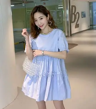 9007 blue Летняя одежда для беременных женщин; Новинка года; модная однотонная блузка с короткими рукавами-фонариками для беременных; хлопковое платье/блузки; большие размеры - Цвет: 9007 blue