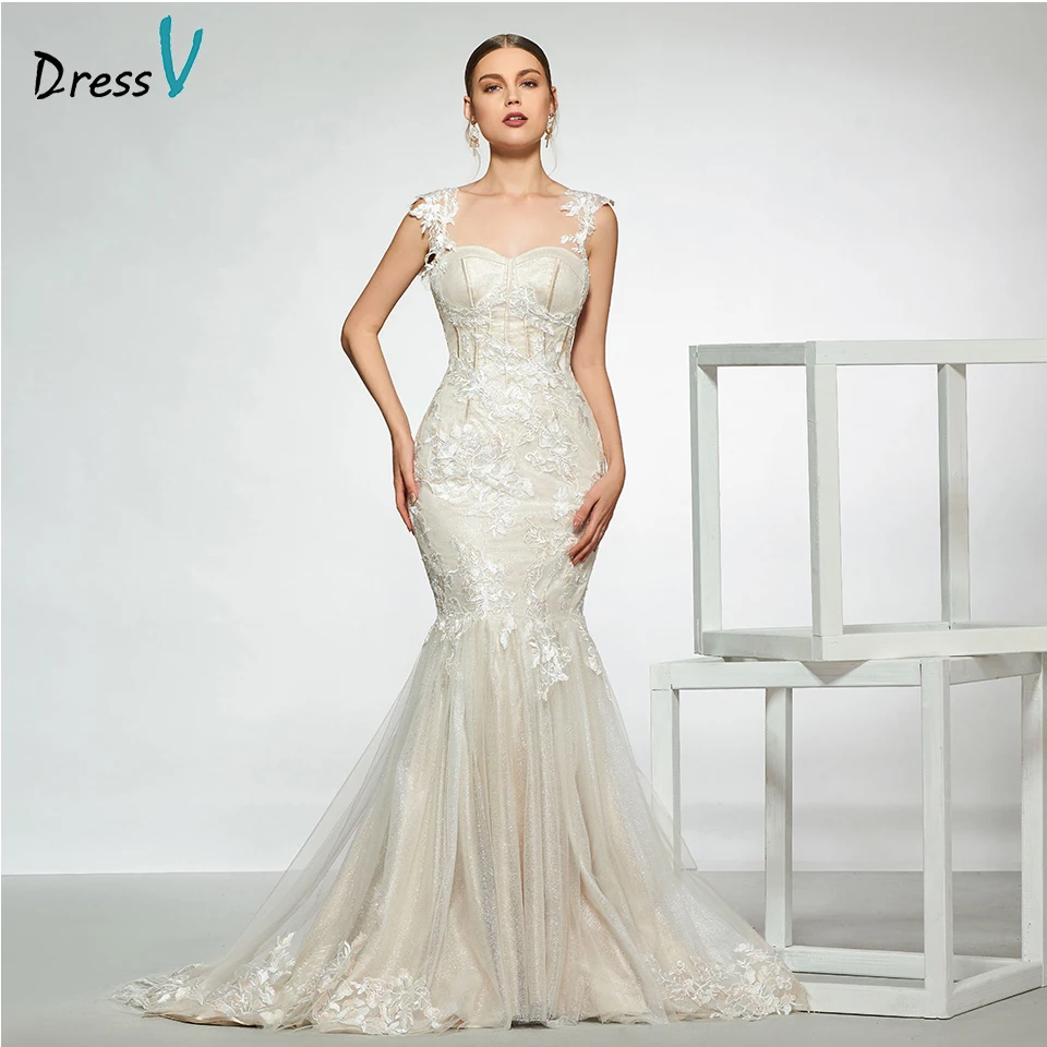 Купи DressV Women Wedding Evening Dresses Mermaid Elegant Sleeveless Backless Embroidered Flower Bride Church Gowns Party Dress Robe за 13,792 рублей в магазине AliExpress