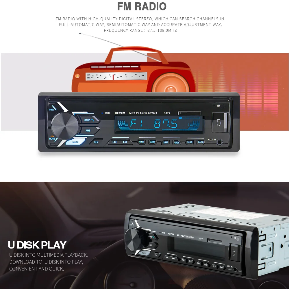 HEVXM 3077 Bluetooth Радио 12 В Aux вход стерео аудио In dash 1 Din FM USB пульт дистанционного