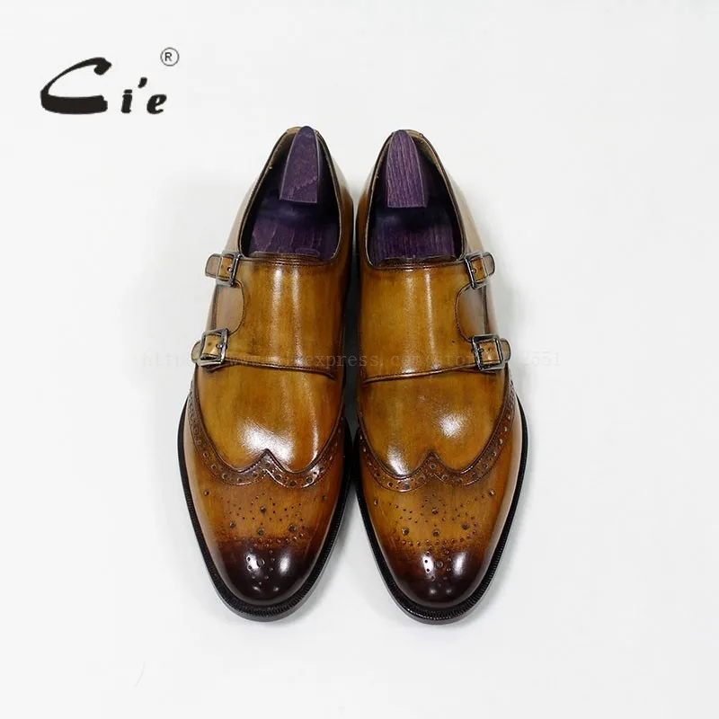 Cie Wingtips медальон ручной работы для мужчин двойной монах ремни телячьей кожи обувь дышащий Блейк/Макей ремесло коричневый с оттенком патины MS-00-16