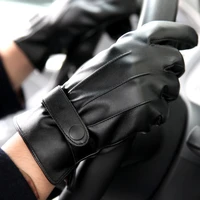 black pu leather gloves male autumn winter plush lined anti wind driving men gloves five fingers full palm touchscreen pm002pc