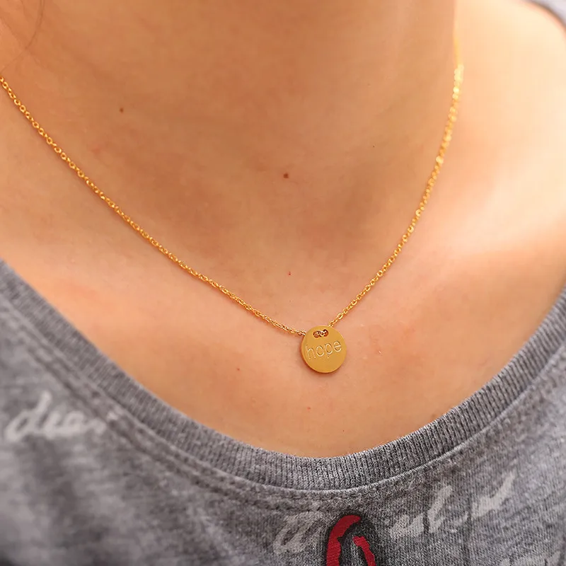 New Engraved letters hope necklace Gold chain Stainless Steel round pendant nameplate Inspirational | Украшения и аксессуары