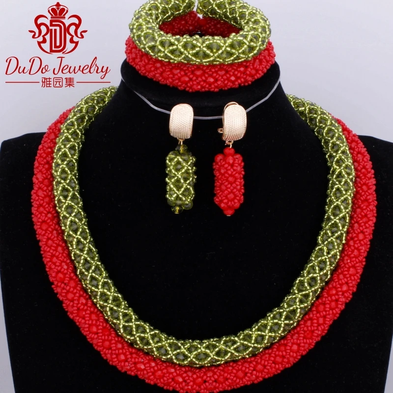 Big Design Vintage African Nigerian Wedding Jewelry Sets Red Sage Ethnic Indian Accessories Crystal Beads Necklace Geometric | Украшения и