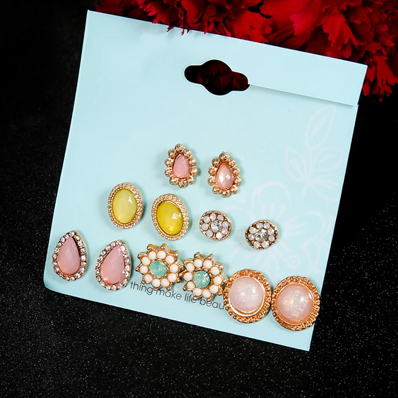 12 шт./компл. золото богемное капли Круглый с разноцветными кристалами серьги