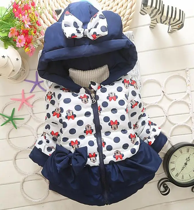 Dark blue НОВЫЕ куртки для девочек модная одежда с рисунком Минни Маус, пальто Зимняя теплая и Повседневная Верхняя одежда для маленьких девочек возрастом от 1 года до 5 лет, детские куртки - Цвет: Dark blue