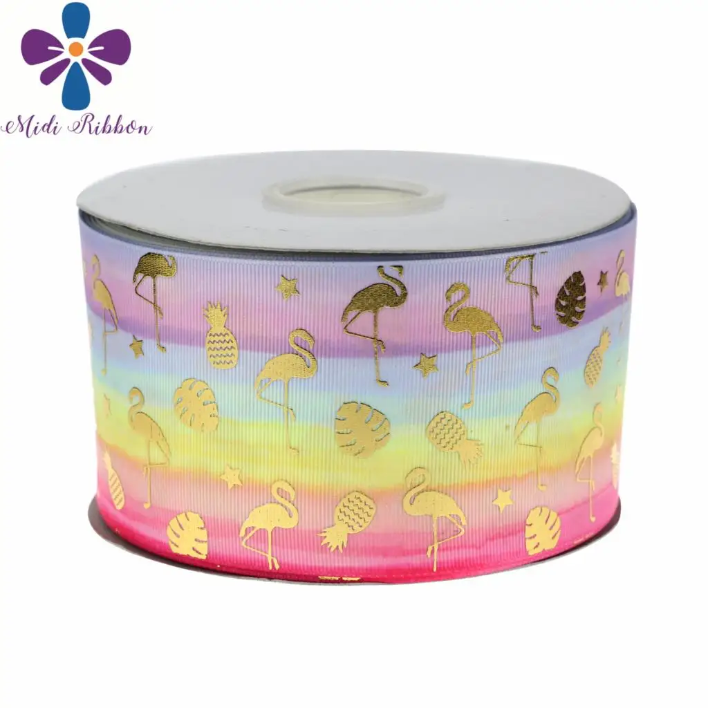 3 &quot75 мм Симпатичные Фламинго звезда листья в радужную полоску печатных Grosgrain