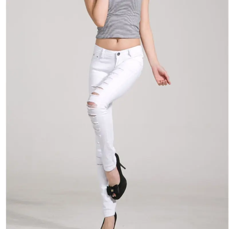 2020 модные белые и черные рваные брюки женские брюки-карандаш до щиколотки узкие