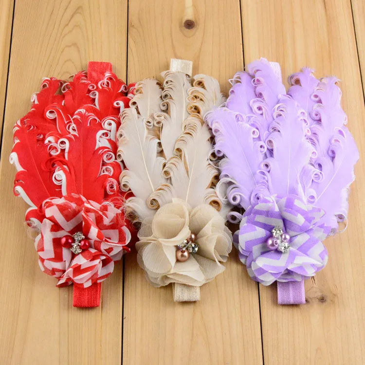 Повязки на голову с перьями повязки шифоновыми цветами для девочек 30 шт./лот