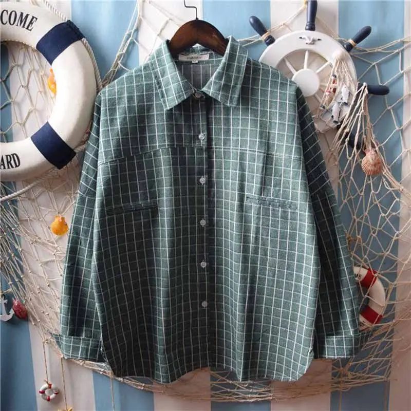 COCKCON Fashion women's Retro Temperament Check Printed Loose Lapel Shirt long-sleeved Casual Wild Top V3 |
