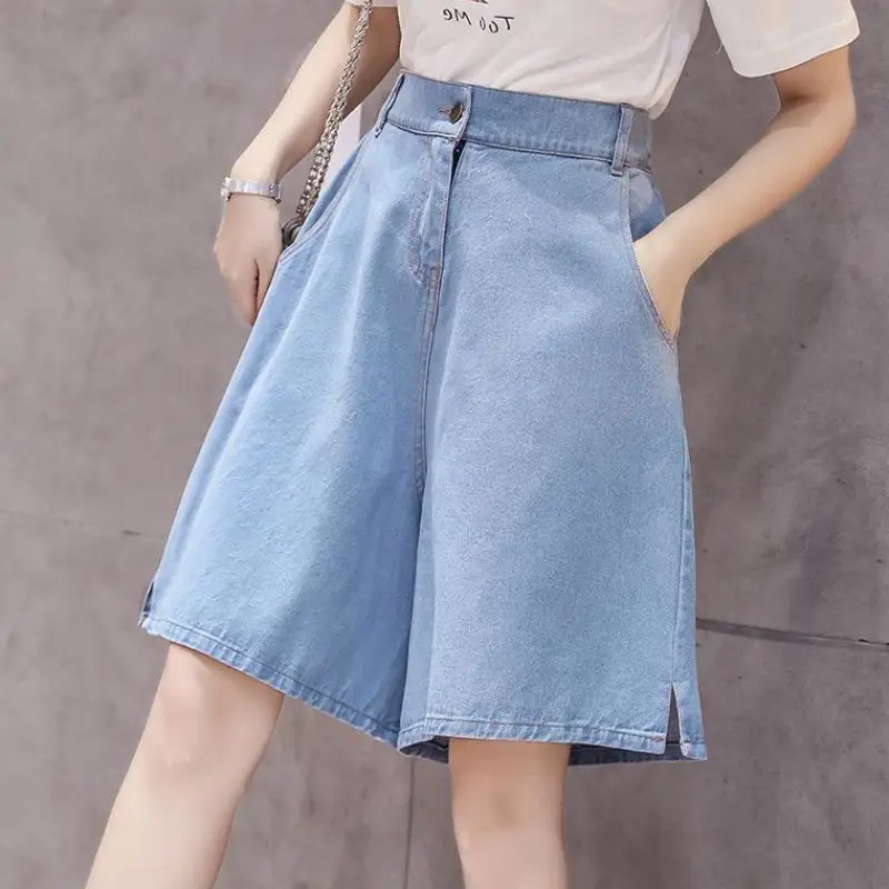 light blue Модные короткие джинсы до колена, летние женские джинсовые шорты с высокой талией, женские широкие короткие джинсы, женские расклешенные короткие штаны - Цвет: light blue